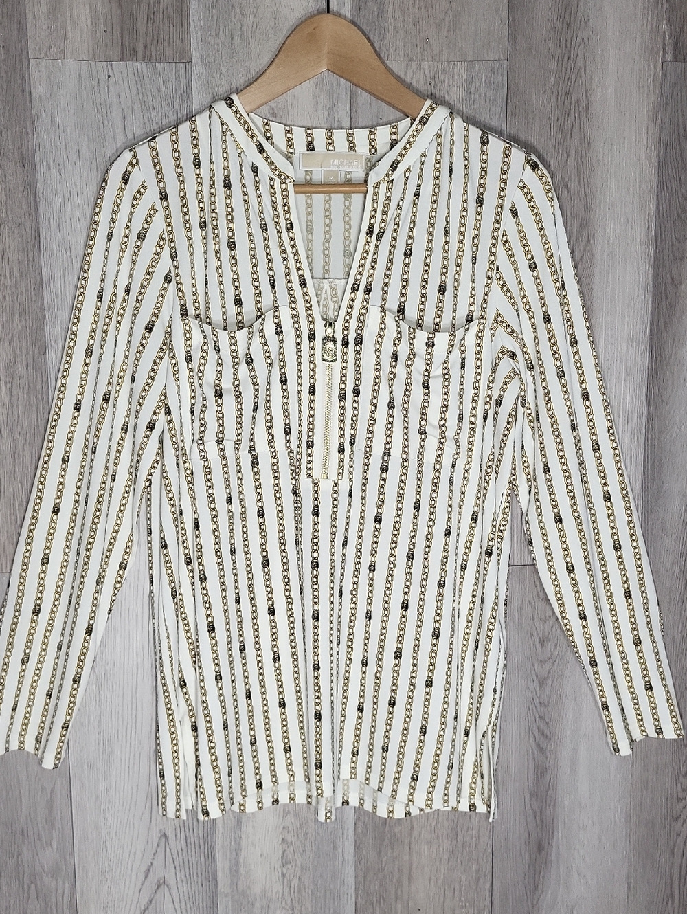 Michael Kors Womens Medium Chain Print Gold Quarter Zip Blouse Top